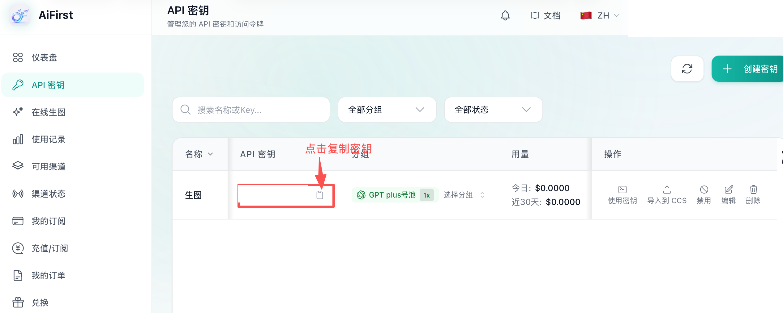 复制 API 密钥